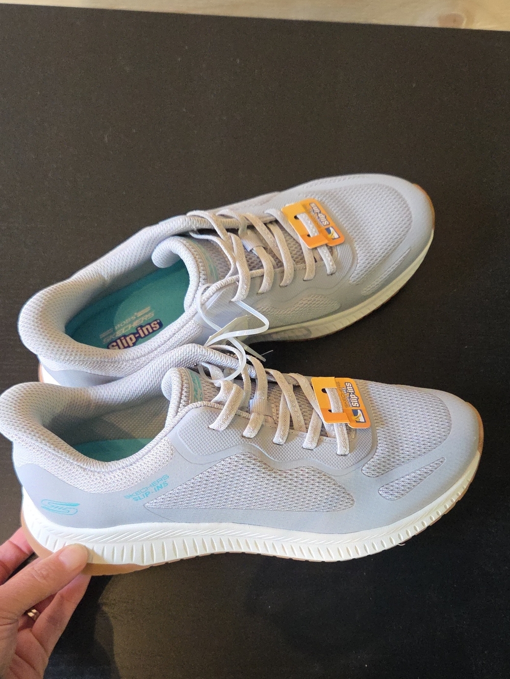 Skechers Size 9 Women's Light Gray Slip-Ins Athletic Sneakers with Teal Insoles
